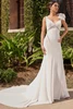 Front view of Christina Wu 15943 crepe fit and flare wedding dress with shoulder bow