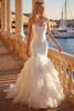 Front view of Randy Fenoli Kendall mermaid wedding dress with layered tulle skirt