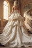 Back view of Lux dress with covered buttons and layered Mikado skirt