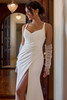 Front view of D4439 soft satin wedding dress with ruched bodice and detachable sleeves