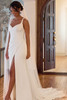 Front view of Essense of Australia D4439 satin column wedding dress with front slit