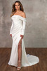 Front view of D4446 off-the-shoulder wedding dress with detachable sleeves and front slit