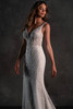 Three-quarter view of D4448 sparkling embroidered sheath wedding gown
