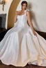 Front view of D4450 A-line bridal gown with full satin jacquard skirt