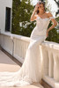 Front view of D4456 vintage-inspired lace fit-and-flare bridal gown