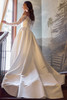 Back view of D4457 satin wedding gown with sweeping train