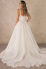 Back view of D4484 organza wedding gown with sweeping train and covered buttons