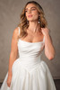 Close-up view of D4484 square neckline, draped bodice and basque waist