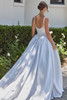 Back view of D4485 satin ball gown with sweeping train and covered buttons