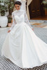 Front view of Essense of Australia D4566 Mikado ball gown with illusion lace sleeves
