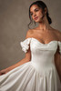 Close-up view of D4568 draped sweetheart neckline and ruched sleeves