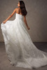 Back view of D4571 gown with sweeping lace train and covered buttons