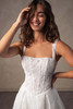 Close-up view of D4572 square neckline and lace corset bodice
