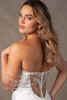 Detail view of D4607 illusion lace back with draped pearl strands