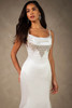 Close-up view of D4609 cowl neckline with beaded straps and neckline detail
