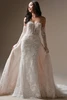 Front view of Maggie Sottero Laurie fit and flare wedding dress with long lace sleeves and detachable train