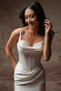Bodice view of Melissa Marie dress with pearl-accented draped neckline
