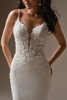 Detail view of Noelle plunging lace bodice with beaded spaghetti straps