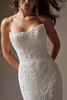 Detail view of Thera sequin lace dress with cat eye neckline