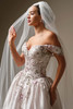 Close front view of Alvarez with detachable off-the-shoulder floral lace cap sleeves