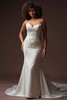 Front view of Blair strapless crepe wedding dress with fitted silhouette and lace train