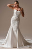Front view of Sottero and Midgley Burke satin fit-and-flare wedding dress with 3D beaded lace