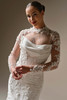 Close front view of Burke with beaded lace jacket and draped satin bodice