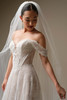 Front view of Granger dress with detachable off-the-shoulder Chantilly lace cap sleeves