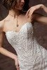 Close front view of Hester dress showing sweetheart neckline and beaded lace bodice