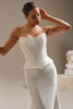 Close front view of Lassen Marie showing structured corset bodice and peplum hips
