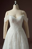Front view of Vespera dress with off-the-shoulder Chantilly lace cap sleeves