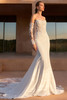Front view of Pronovias Catryl crepe fit and flare wedding dress