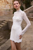 Front view of Etaga high-neck long sleeve lace mini dress
