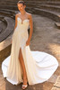 Front view of Frebya sweetheart bodice and thigh-high slit dress
