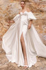 Front view of Pronovias Frebya draped satin wedding dress with cape