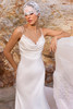 Close view of Lodea cowl neckline and scalloped lace dress