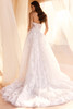 Back view of Naisy lace A-line wedding gown with covered buttons and sweeping floral lace train