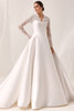Front view of Pronovias Nalton Kelly Mikado ball gown with detachable lace sleeves and high-neck yoke