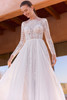 Detail view of Pronovias Ohiane wedding dress with long lace sleeves and illusion lace bodice
