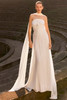 Front view of Pronovias Theais chiffon sheath wedding dress with detachable scarf