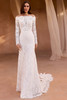Front view of Pronovias Velyne long sleeve lace sheath wedding dress