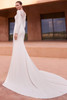 Back view of Yasminel crepe dress showing soft V-back and long train