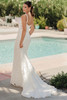 Back view of SY8253 leafy lace wedding dress with open back and sweeping train
