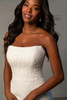 Bodice detail of SY8306 dress with strapless neckline and allover lace