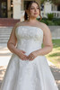 Detail view of D4479 dress showing strapless neckline and lace bodice