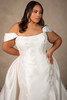 Detail view of D4493 dress showing off-the-shoulder straps and floral lace