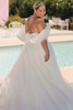 Back view of SY8215 off-the-shoulder organza dress with flowing train