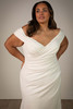 Detail view of SY8330 dress showing off-the-shoulder neckline and ruched bodice