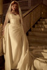 Front view of Melissa Royale satin dress with asymmetrical draping and pearls