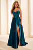 Dark teal Ellie Wilde EW38215 A-line prom dress with satin skirt and slit